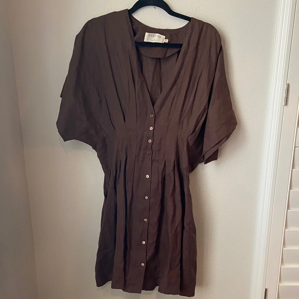 Anthropologie Exquise Amelie Brown Linen Pleated Mini Shirt Dress XL - Picture 3 of 8